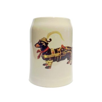 steingut  bierkrug mit druck dackel in lederhose