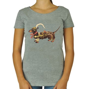  damen t-shirt graum mit druck dackel in lederhose 
